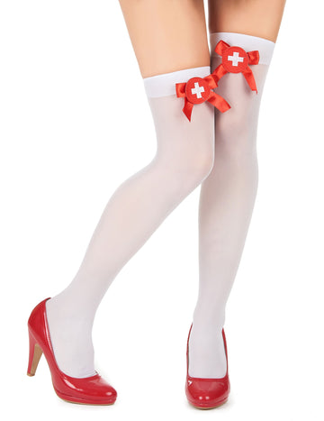Bas d'infirmière pour femme blancs avec nœuds rouges et croix blanches