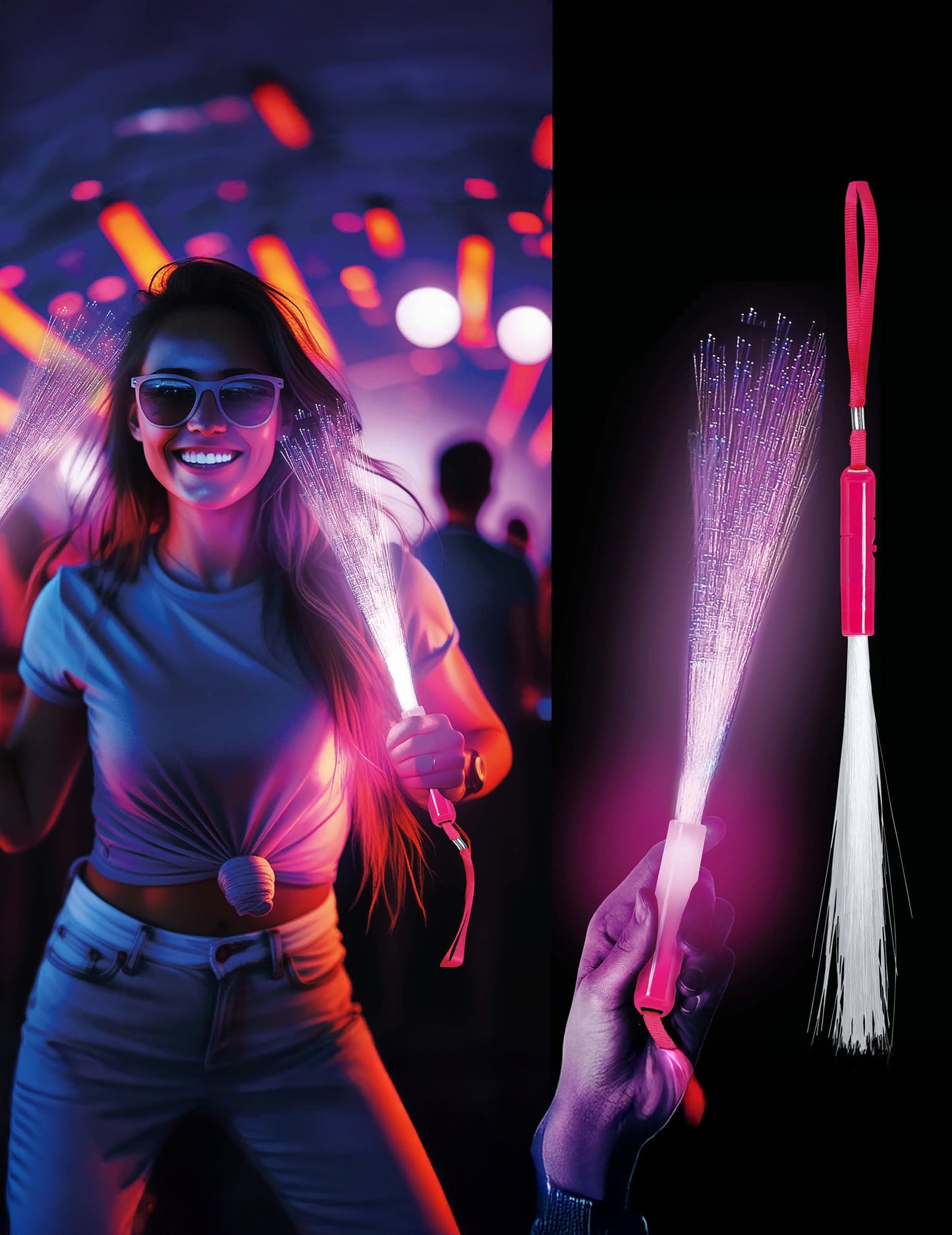 Mise en situation et détails de l'éclairage du baton lumineux fibre optique pour la fête