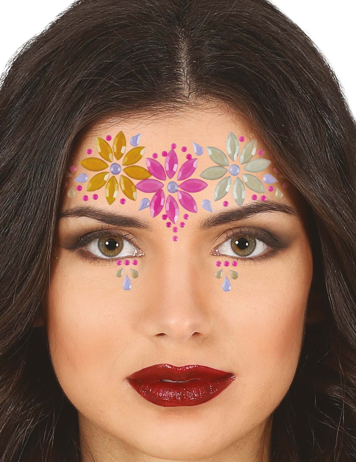 Bijoux pour visage adhésifs fleurs colorées pour femme roses et jaunes