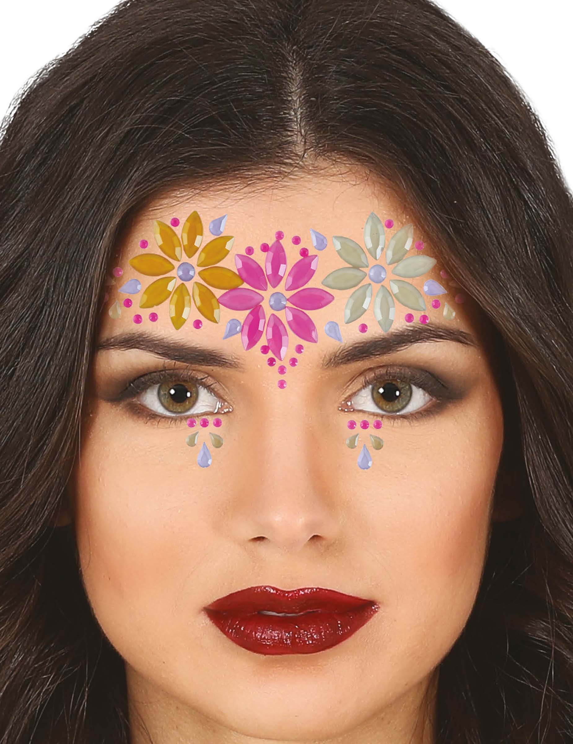 Bijoux pour visage adhésifs fleurs colorées pour femme roses et jaunes