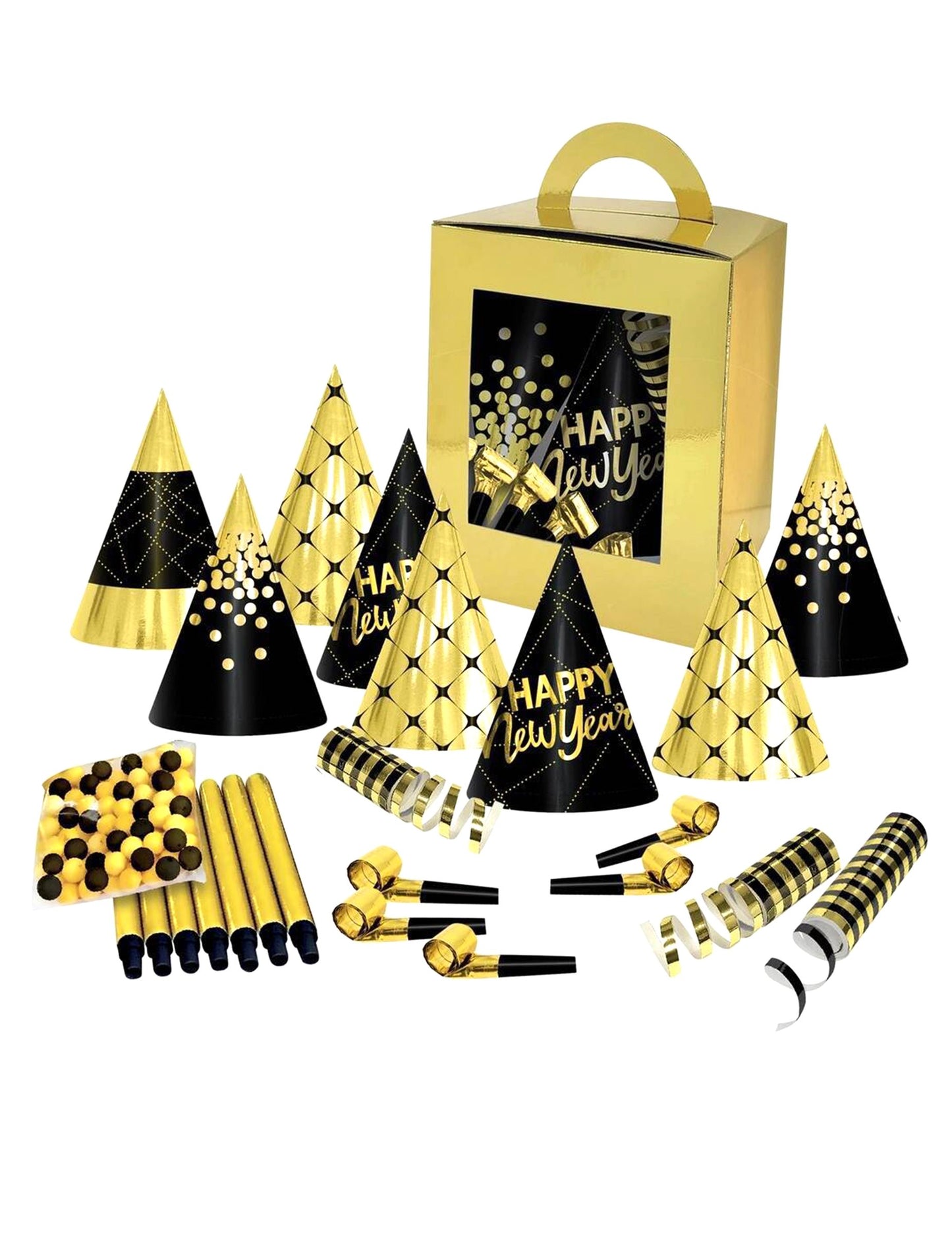 Кутия с парти аксесоари за Нова година за 10 души в черно и златно 