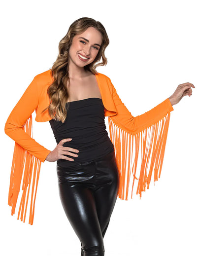 Boléro à franges orange fluo pour femme à longues franges