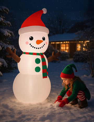 Bonhomme de neige gonflable et lumineux pour décoration de Noël blanc avec bonnet rouge et écharpe rayée