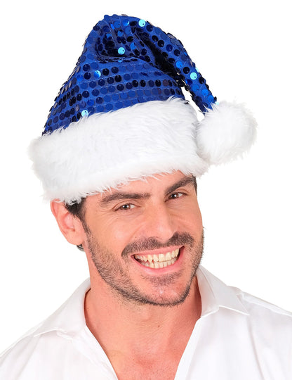 Синя коледна шапка с пайети за възрастни