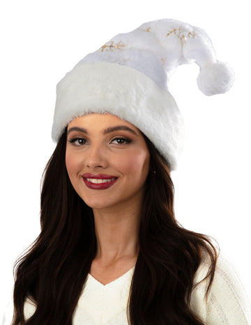 Луксозна бяла коледна шапка със снежинки за възрастни