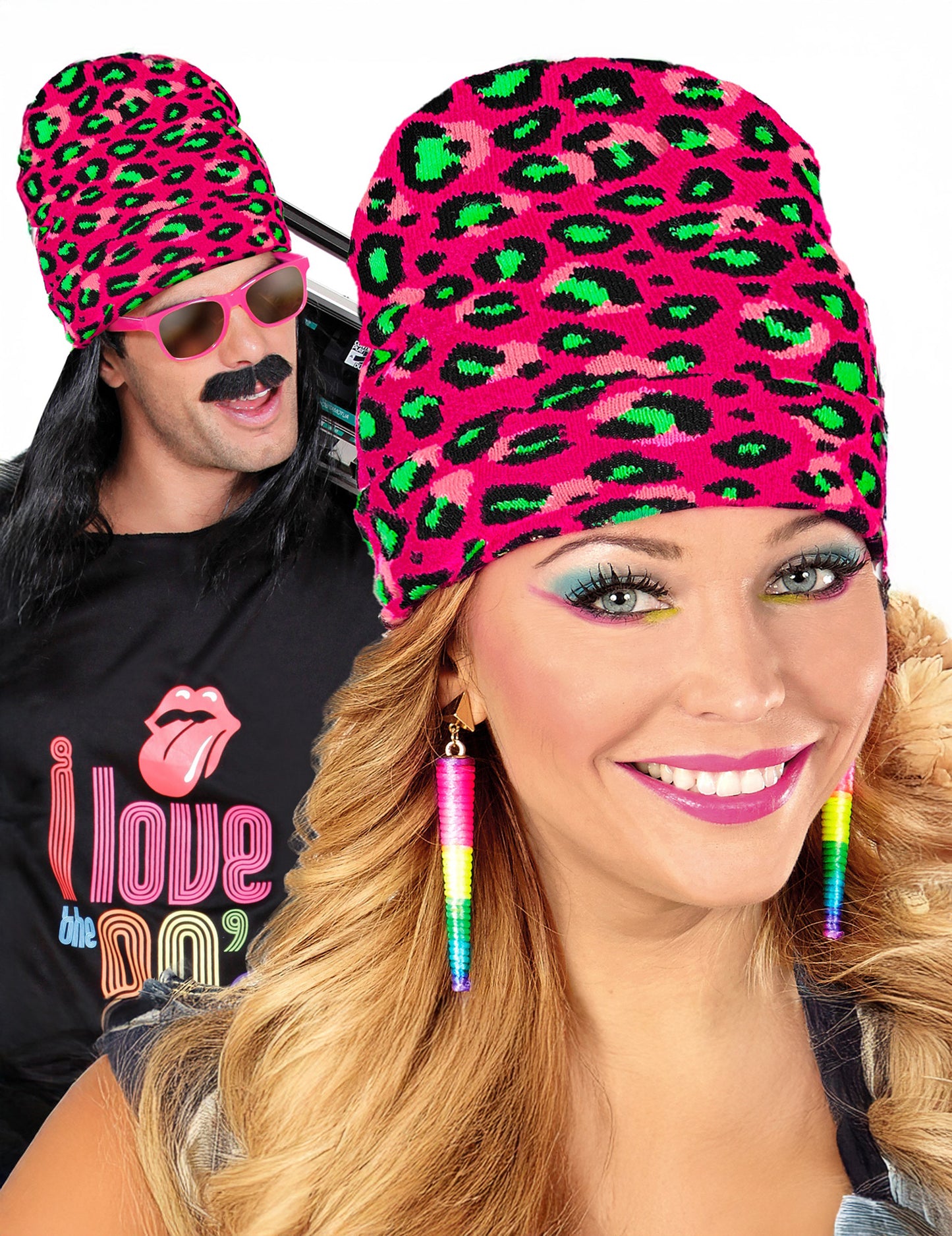 Розова и неоновозелена леопардова шапка за възрастни 