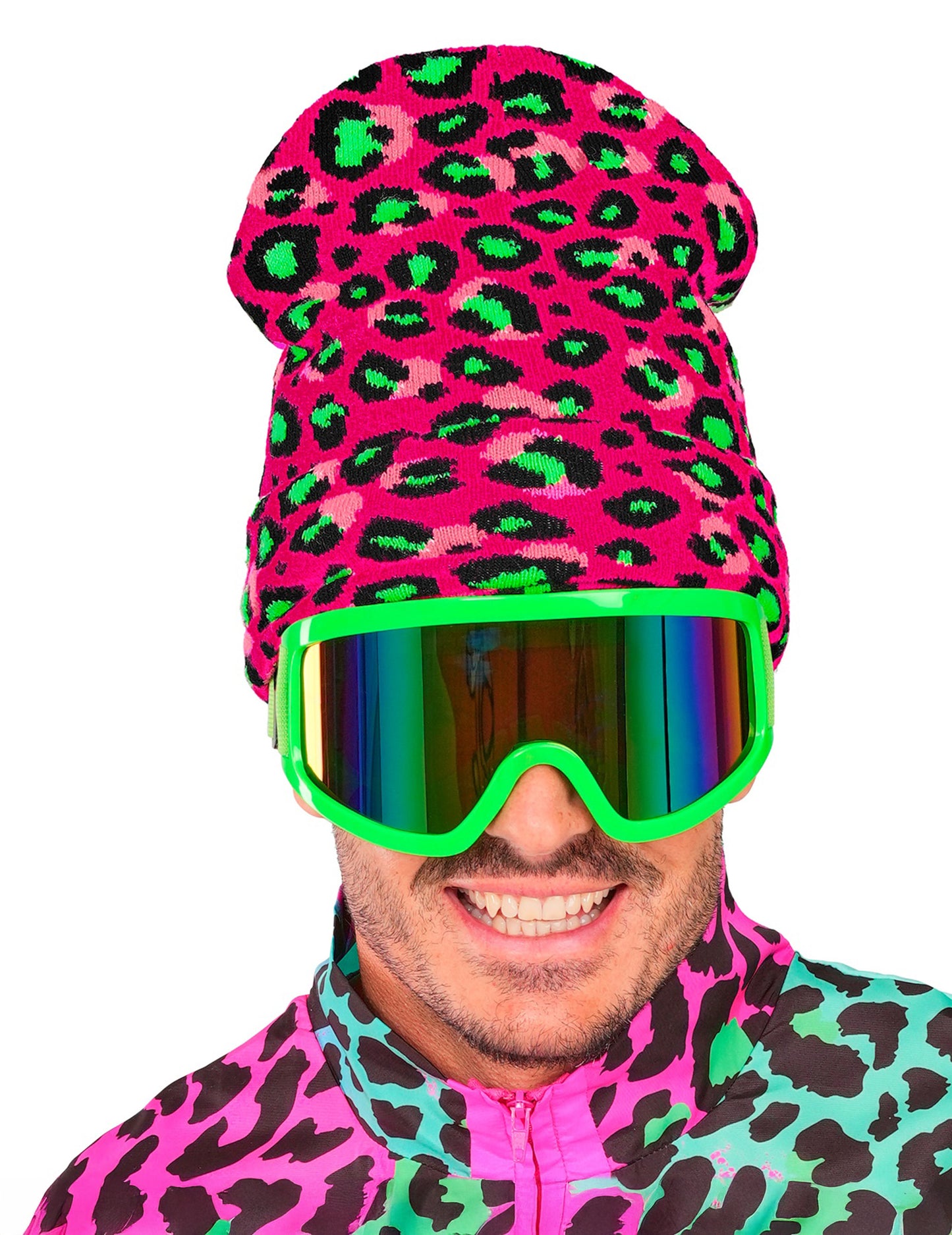 Розова и неоновозелена леопардова шапка за възрастни 