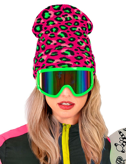 Розова и неоновозелена леопардова шапка за възрастни 