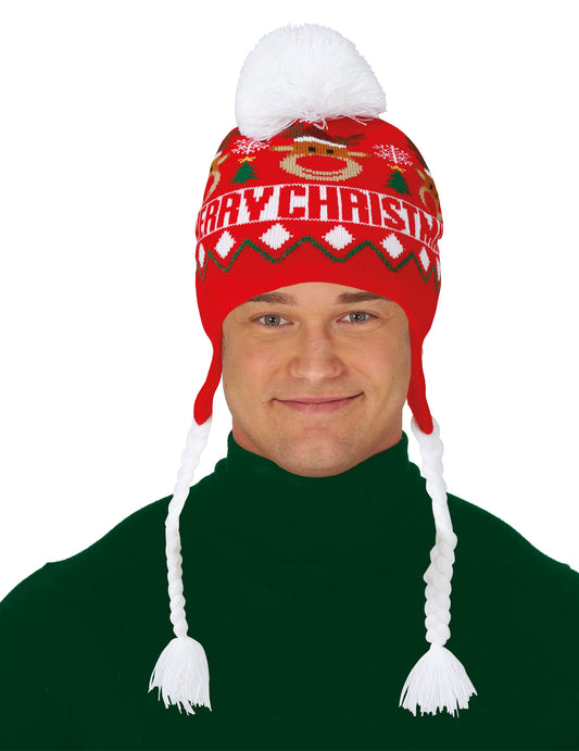 Bonnet à pompon Merry Christmas pour adulte rouge avec tresses blanches