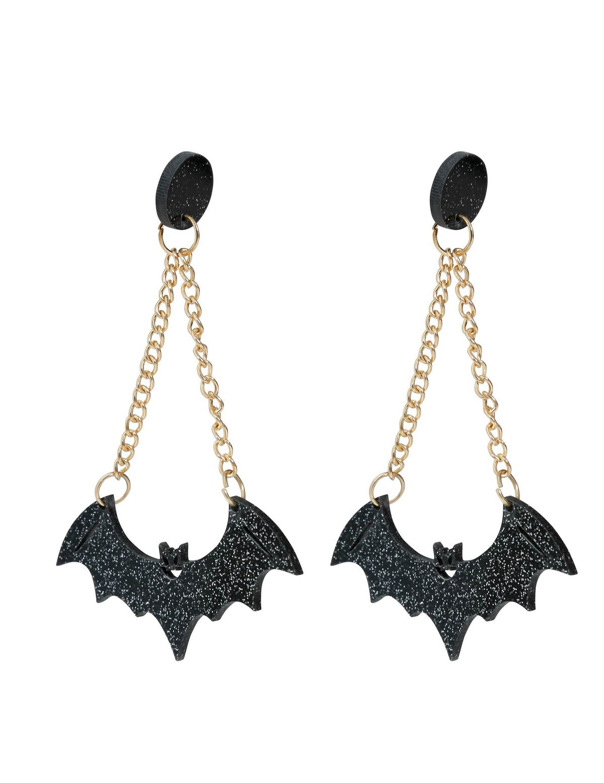 Boucles d'oreilles chauve-souris pour adulte noires pailletées avec chaînes dorées