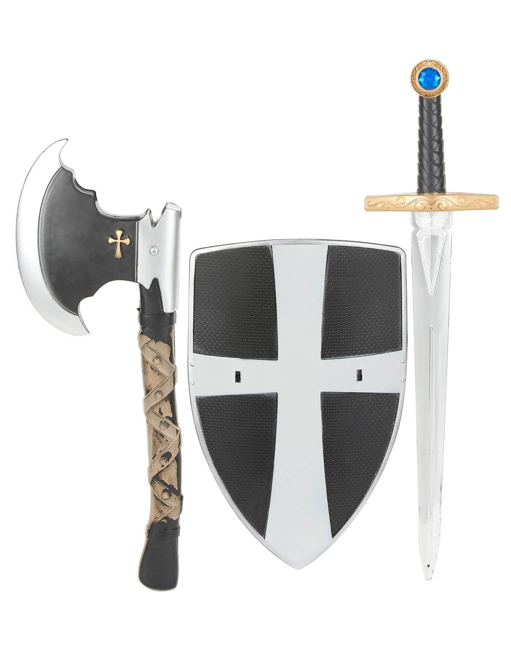 Bouclier épée et hache de chevalier médiéval pour enfant noir et argenté