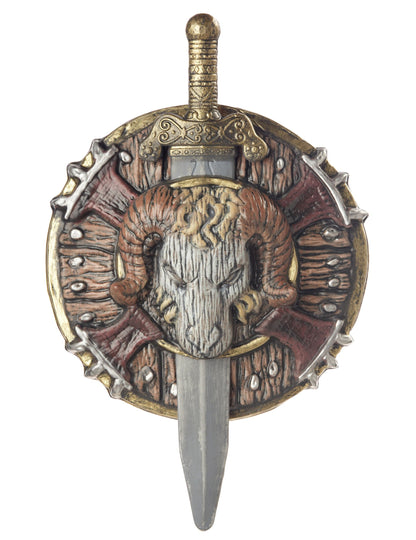 Детски варварски щит и меч в кафяво и бронзово с овча глава