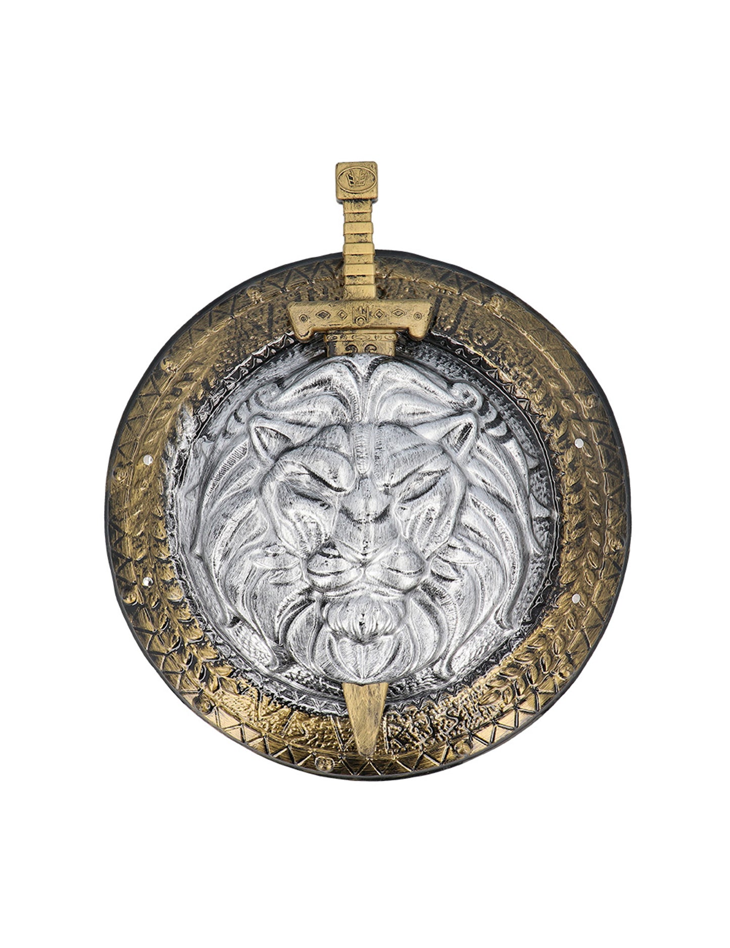 Bouclier et épée de combat gladiateur pour adulte argenté et doré avec tête de lion