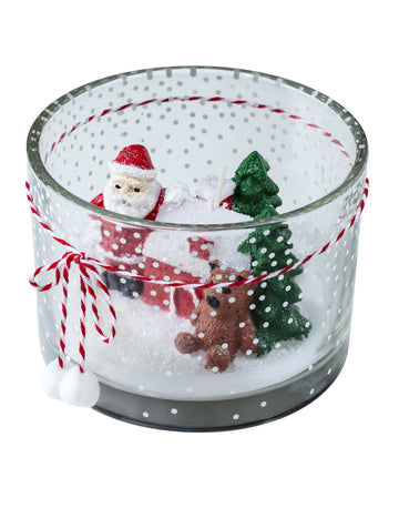 Bougie paysage de Noël pour adulte en verre décoré blanc et rouge avec figurine de Père Noël et ours brun