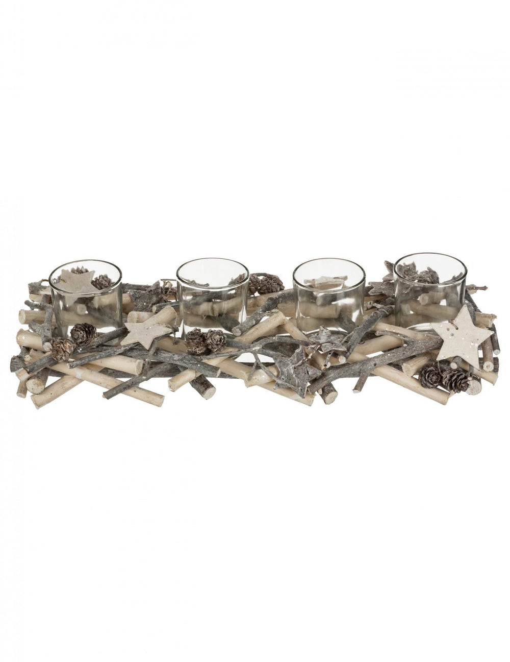 Централна украса с 4 свещника върху дървено пънче за декорация от естествено дърво със звезди и шишарки
