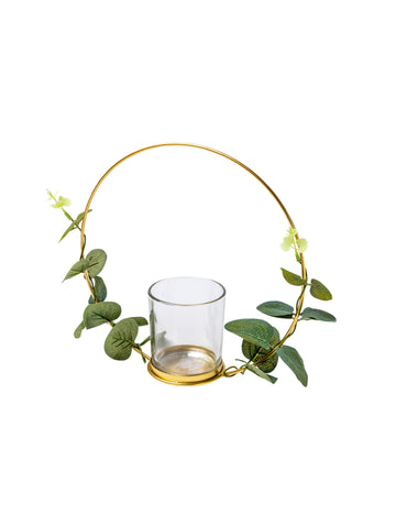 Метален свещник, дизайн с евкалипт върху златен кант 22 cm да обеся