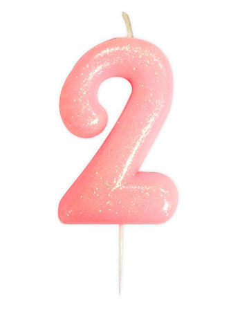 Bougie chiffre 2 pour anniversaire rose irisé à paillettes