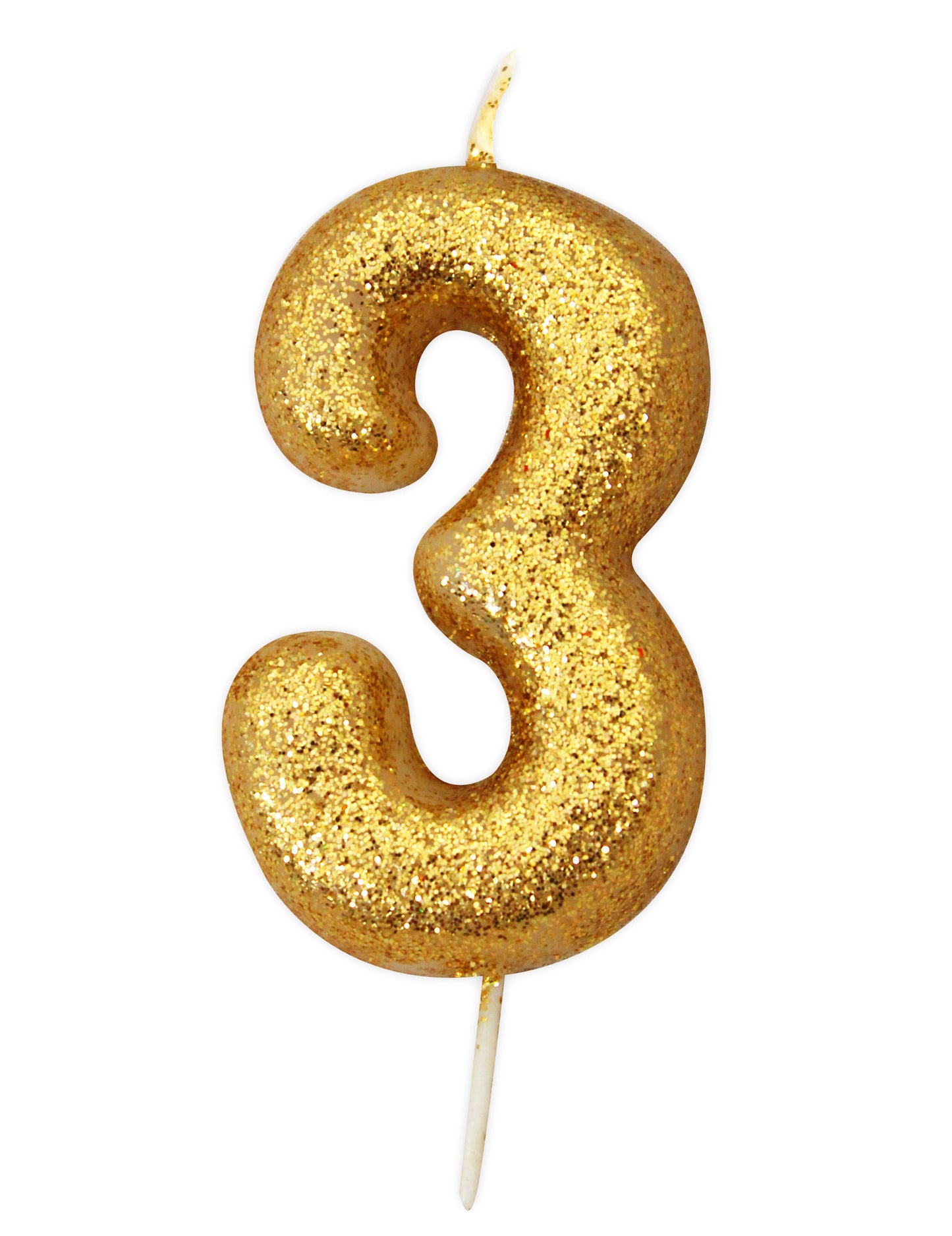 Златна свещ във форма на цифра 3 с брокат за рожден ден 9 cm 