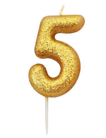 Свещ с цифра 5 в златисто с брокат 8.5 cm 