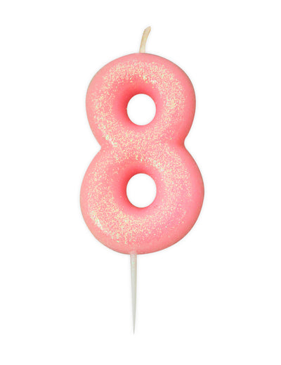 Bougie chiffre 8 pour anniversaire rose irisé à paillettes