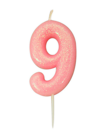 Свещ цифра 9 розова ирисирана 9 cm с брокат за торта 