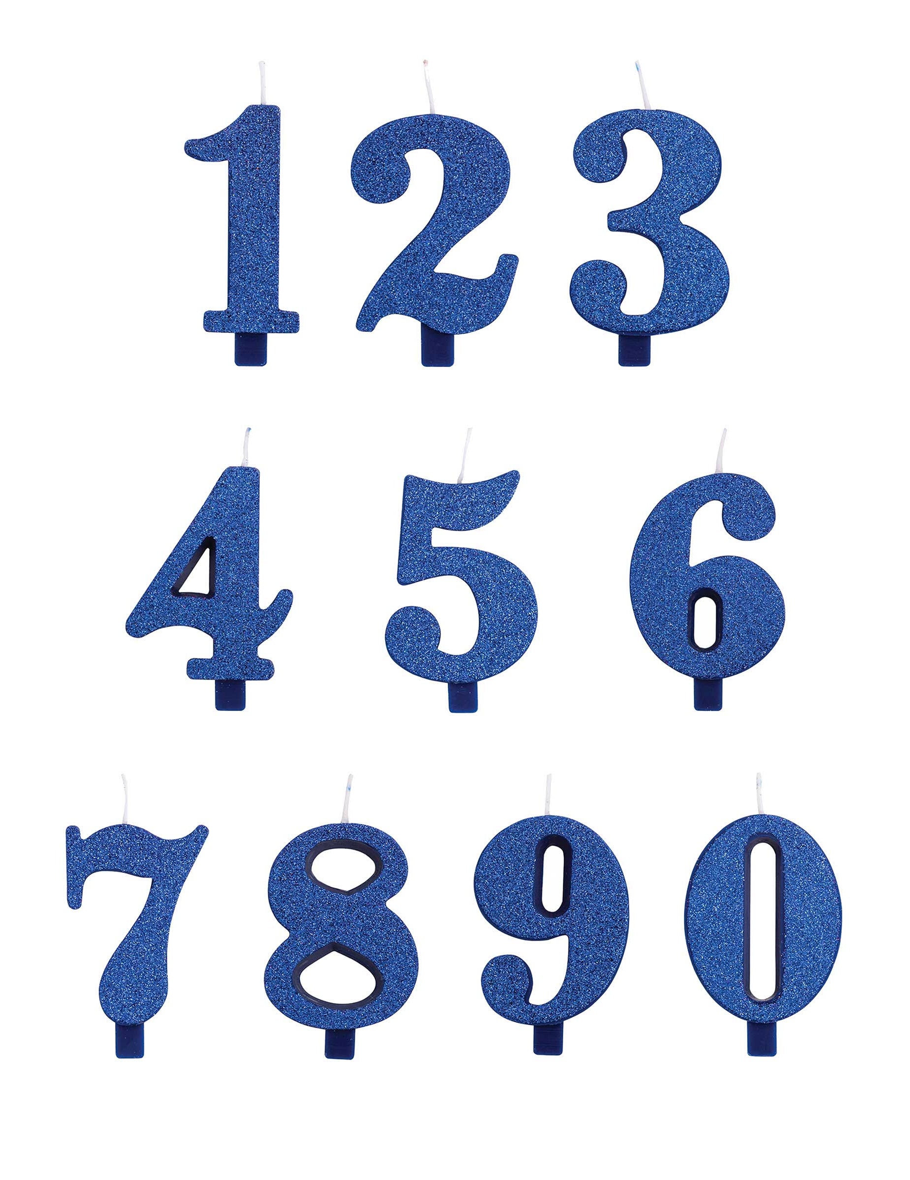 Vue d'ensemble des chiffres de 0 à 9 de la bougie anniversaire chiffre bleue pailletée