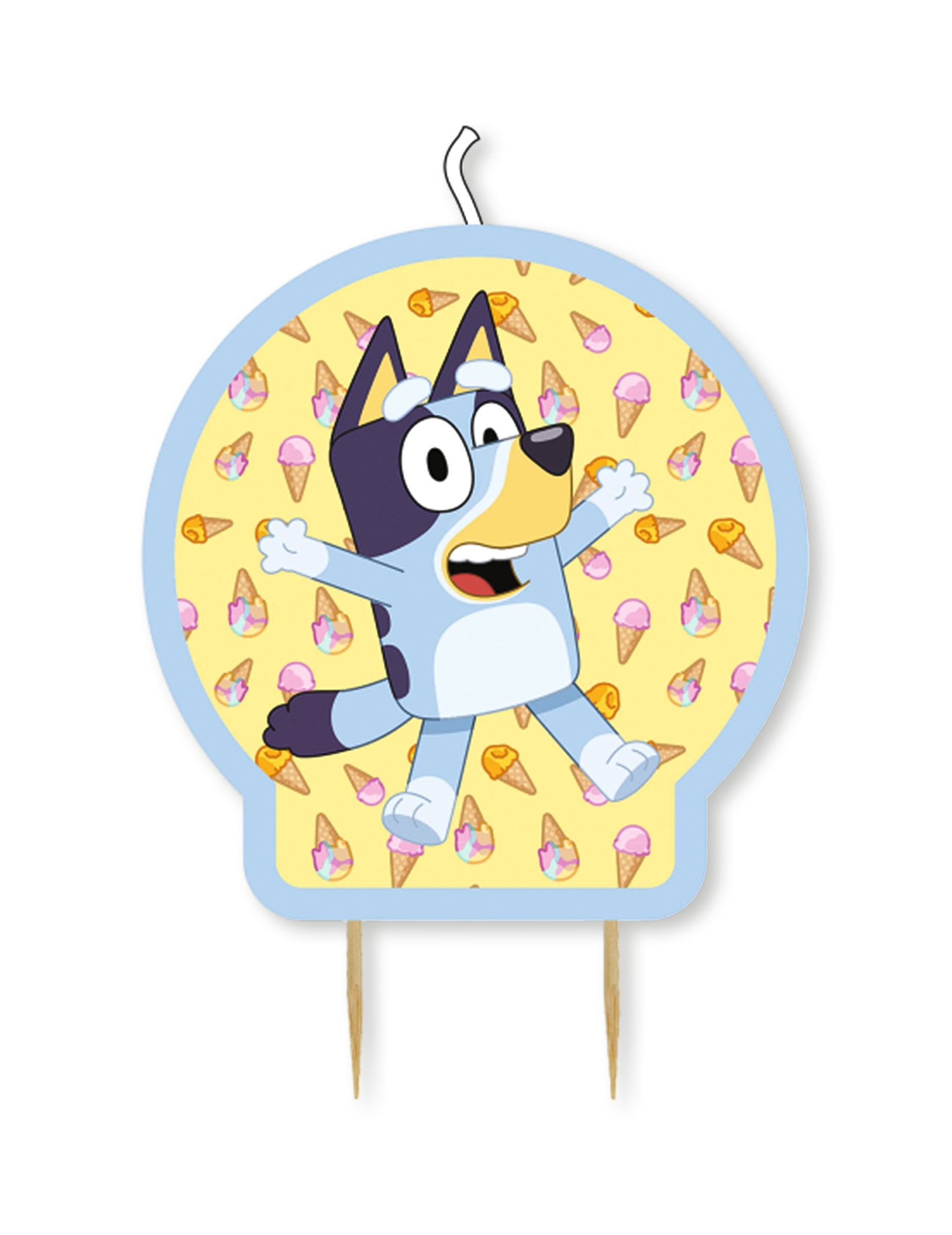 Bougie Bluey pour enfant bleue et jaune à motifs de glaces