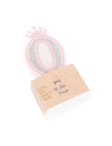 Bougie d'anniversaire chiffre 0 princesse pour enfant rose et paillettes argentées avec couronne