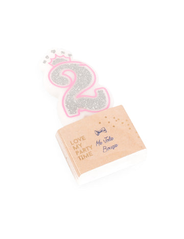 Bougie d'anniversaire chiffre 2 princesse pour enfant rose à paillettes argentées