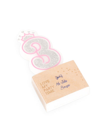 Bougie d'anniversaire chiffre 3 princesse pour enfant rose et argentée à paillettes