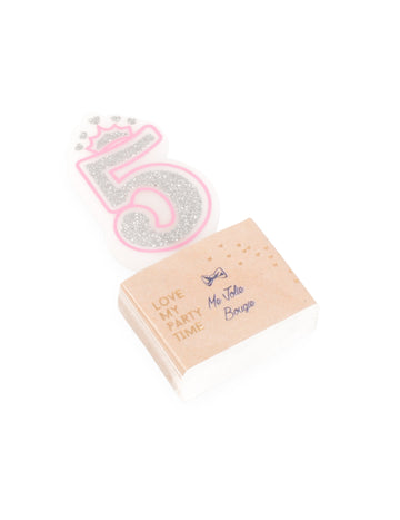 Bougie d'anniversaire chiffre 5 princesse rose à paillettes argentées