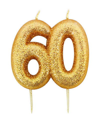 Bougie d'anniversaire sur pique 60 ans pour gâteau doré pailleté