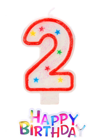 Bougie chiffre 2 étoilée happy birthday pour enfant blanche et rouge à paillettes