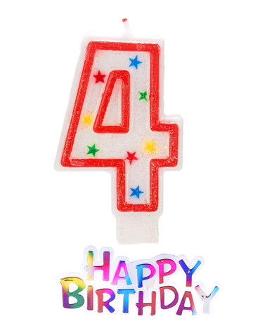 Свещ с форма на звезда, цифра 4, с брокат и надпис happy birthday 