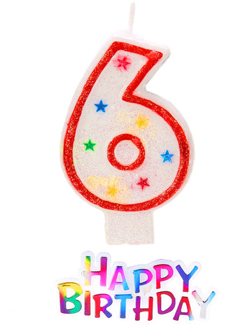 Bougie étoilée chiffre 6 pour anniversaire pailletée blanche et rouge avec topper Happy Birthday