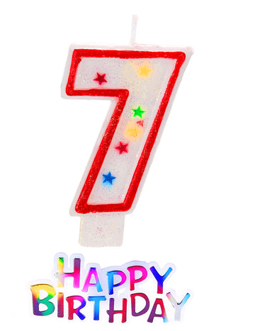 Bougie étoilée chiffre 7 pour anniversaire blanche et rouge avec décor happy birthday