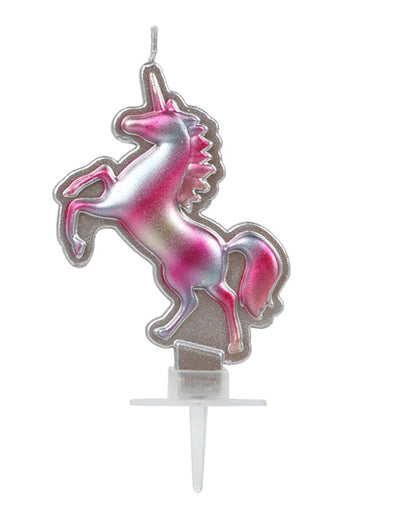 Bougie licorne pour anniversaire rose et argent