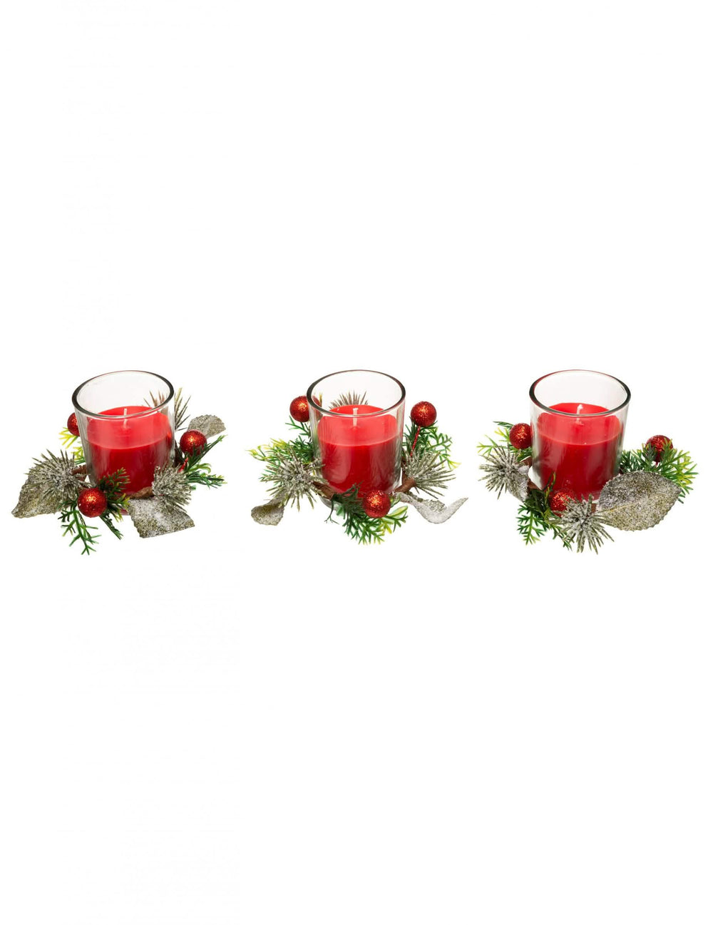 3 bougies en photophore avec sapin et baies pour décoration rouges