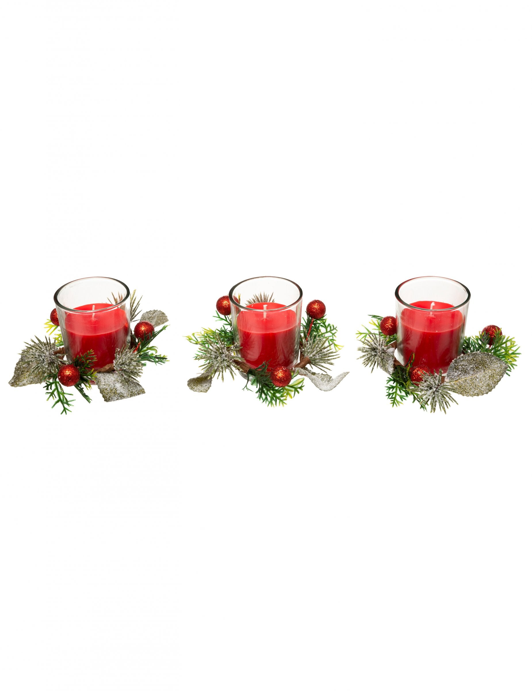 3 bougies en photophore avec sapin et baies pour décoration rouges