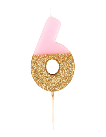 Bougie sur pique chiffre 6 pour gâteau rose et dorée pailletée