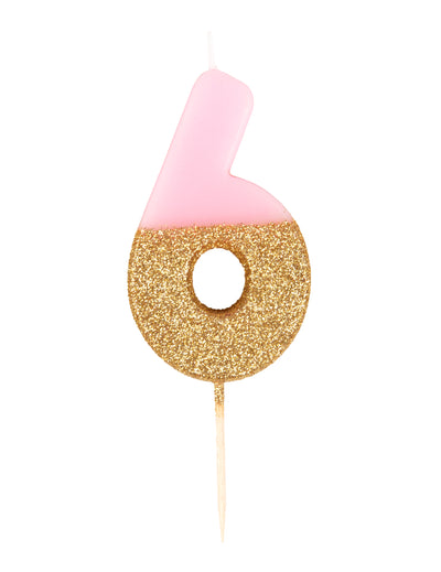 Bougie sur pique chiffre 6 pour gâteau rose et dorée pailletée