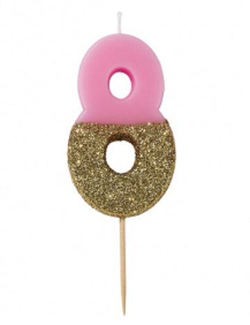 Bougie sur pique chiffre 8 pour gâteau d'anniversaire rose et dorée pailletée