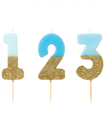 Свещ на клечка със сини и златни брокатни числа 13.8 cm за торта