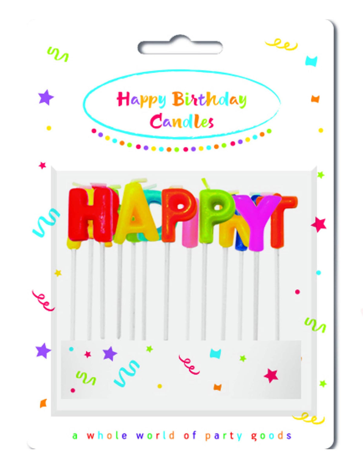 Изглед на опаковката на многоцветно свещи Happy Birthday на шишче