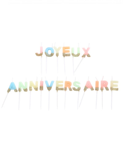 Bougies Joyeux anniversaire pour gâteau multicolores et paillettes or