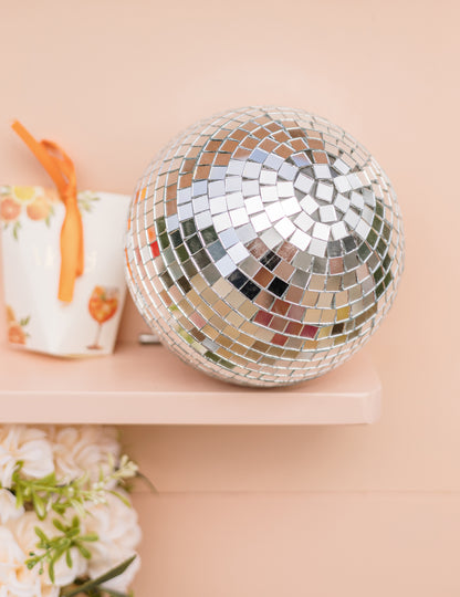 Висяща огледална стъклена диско топка, сребриста, 16 см, подреждаща се, диско декорация