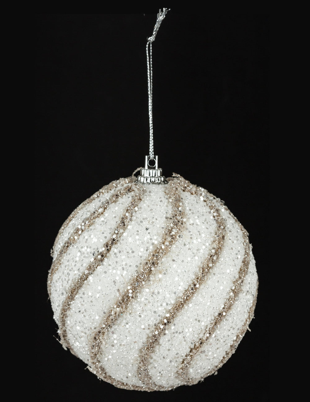 Boule de noël pailletée à spirale blanche et dorée