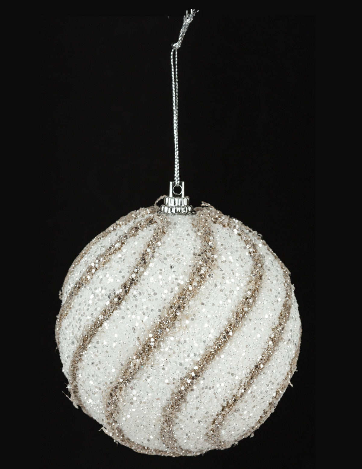 Boule de noël pailletée à spirale blanche et dorée