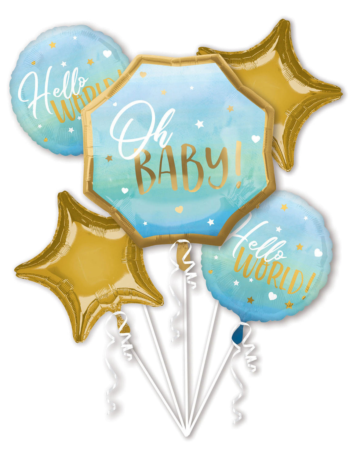 Bouquet de 5 ballons aluminium oh baby bleu et or pour baby shower