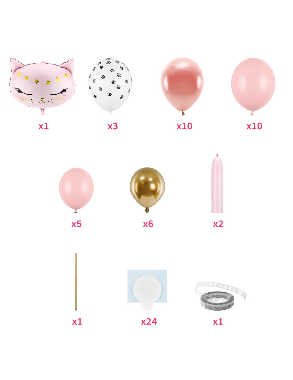 Détail du contenu et des accessoires du bouquet de ballons chat rose